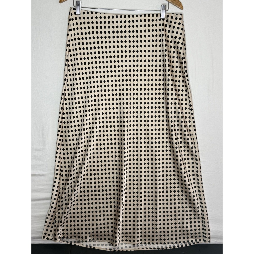 Rachel Zoe Beige/Black Polka Dot Satin A-Line High Rise Midi Skirt Size 10